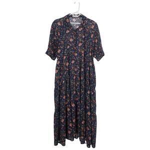 Natural Life Rebecca Dress XL Blue Floral Print Cotton Blend Tiered Midi